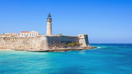 A scenic view of a coastal lighthouse beside a stone fortification and clear blue waters.