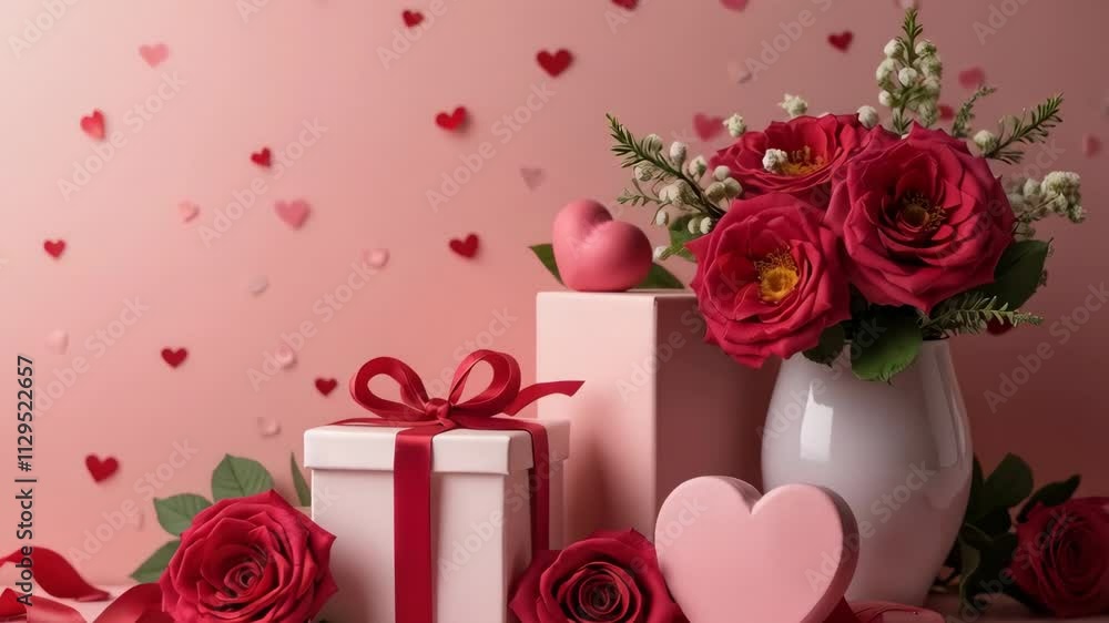 Poster a white box with a red ribbon sits on a table next to a vase of red roses. the roses are arranged in