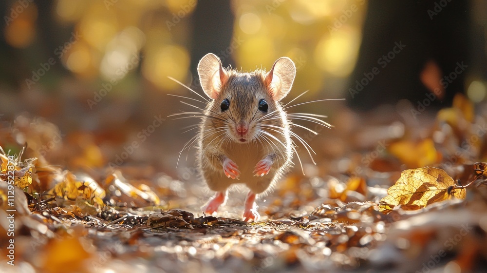 Aufkleber a small mouse dashes with agility along a carpet of colorful autumn leaves. the sun filters through 