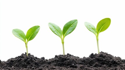 Fototapeta premium Three seedlings emerge from dark soil.
