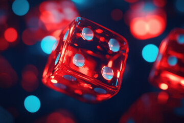 The translucent red dice are suspended in a colorful light environment, showcasing their unique design by casting glare and shadows on the surface.