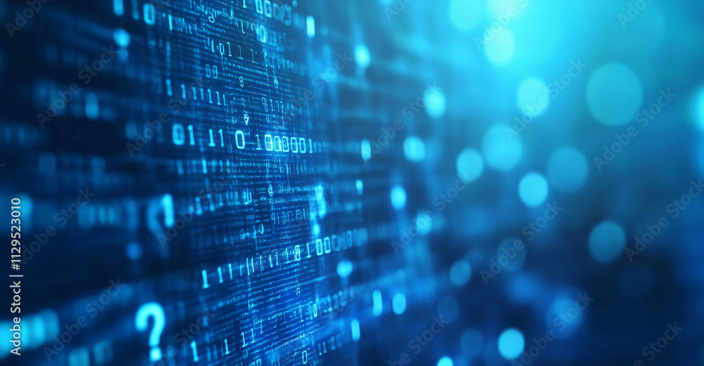 Poster Digital data streams create a vibrant blue background with binary code patterns and glowing lights in a modern tech-inspired design