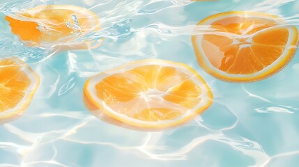 A close-up of orange slices submerged in sparkling water, with light reflections creating an ethereal atmosphere