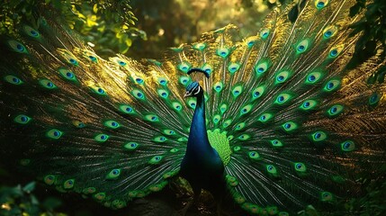 Obraz premium Majestic peacock displaying vibrant plumage in lush forest.