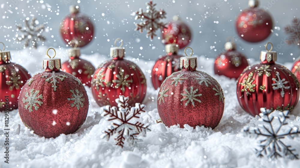 Poster red christmas ornaments with snowflake designs rest on a blanket of snow, while delicate snowflakes 