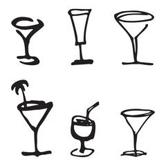 A set of glasses for alcoholic beverages in the doodle style