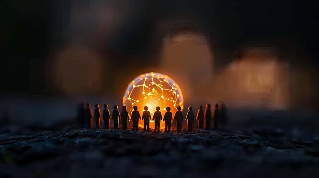 A diverse group of miniature figures gathered around a glowing orb, symbolizing unity and connection.