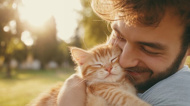 Man smiling, cuddling with a ginger cat in sunlight