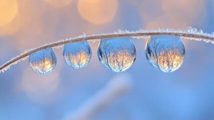 Four frosty water droplets on a frozen stem reflecting the sunrise.