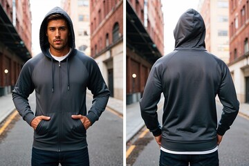 Charcoal Hooded Sweatshirt Displayed Front and Rear Perspectives with Stylish Aesthetics