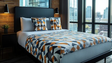 Modern hotel room with city view, comfortable bed, geometric patterned bedding, and nightstands.