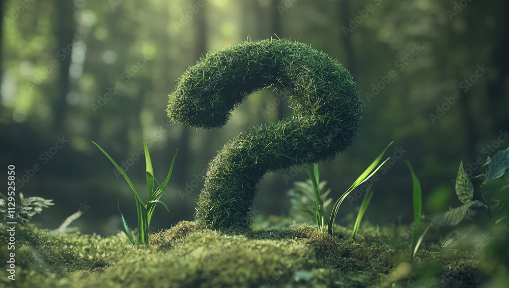 Poster Mysterious question mark shaped from moss and grass in a serene forest environment at dusk