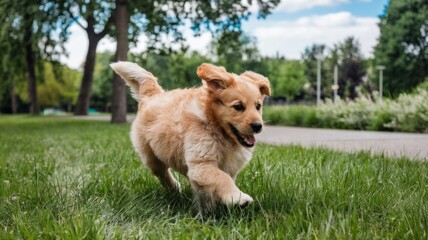 Puppy dog  playing and running at the park