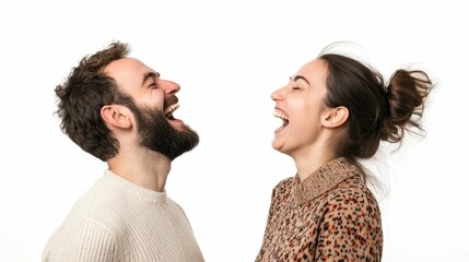 Fototapeta premium Joyful couple laughs heartily, profile view.