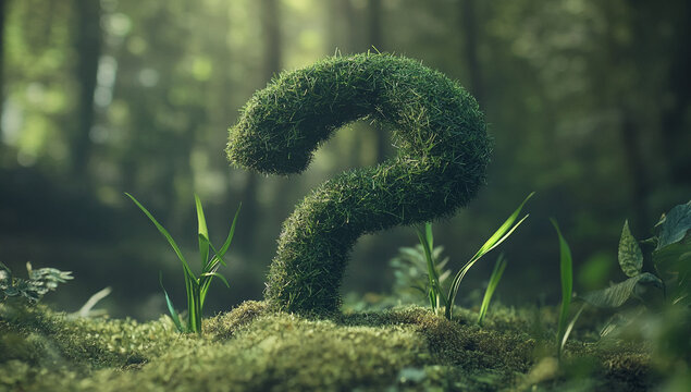 Mysterious question mark shaped from moss and grass in a serene forest environment at dusk