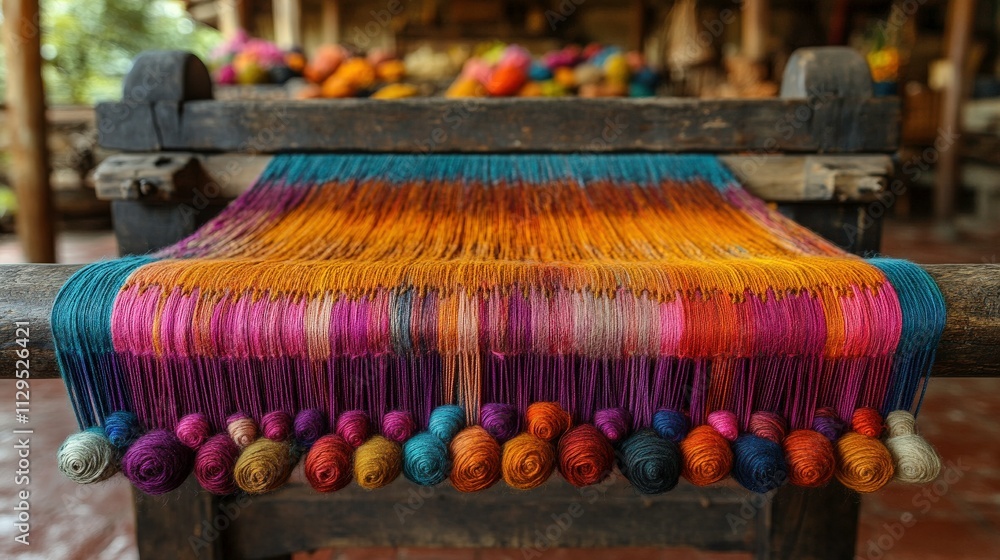 Poster vibrant threads of handwoven textile art displayed on a traditional loom in a rustic workshop, showc