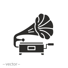 retro turntable, gramophone icon, vintage musical horn, flat vector illustration