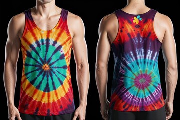 Aesthetic Mockup of Front and Back Quirky Tie-Dye Tank Top with Funky Patterns on Black Backdrop