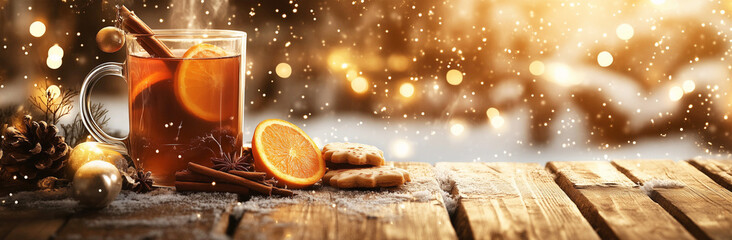 Kinderpunsch oder Gl&uuml;hwein mit Weihnachtskeksen und Textfreiraum