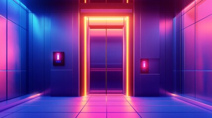 A neon colored elevator with a neon sign on the door