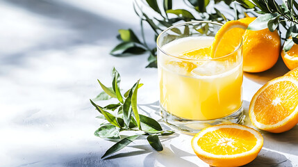 Fototapeta premium A glass of orange juice with a slice of orange in it