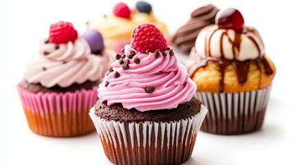 Frosted cupcakes, various flavors, close-up.