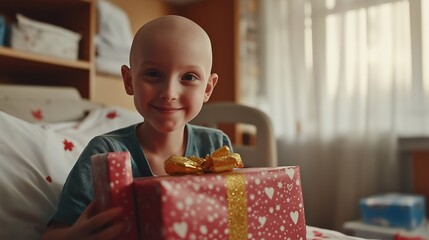 a child with cancer holds a gift, help and volunteering, a holiday gift