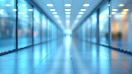 Bright and spacious corridor with modern glass walls and polished flooring in a contemporary building