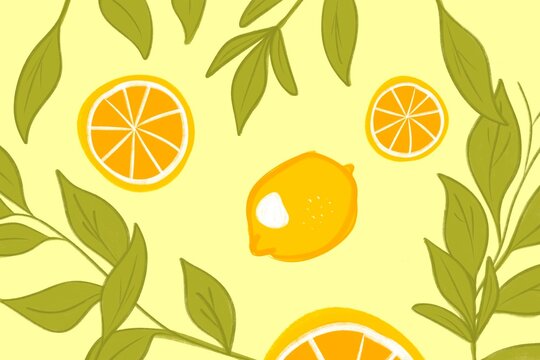 Citrus pattern with lemon and orange slices on colored background