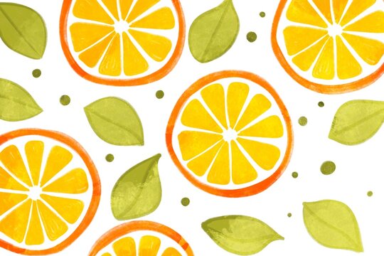 Citrus Pattern with Oranges and Leaves on White Background