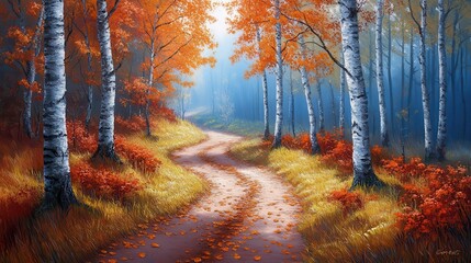 Obraz premium A serene autumn landscape featuring a winding path through vibrant trees and foliage.