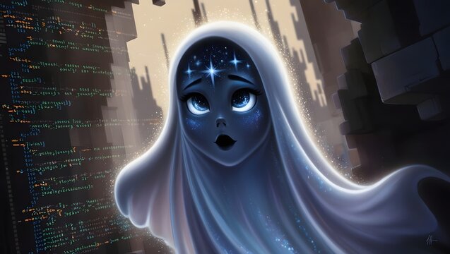 Stylized Celestial Figure with Computer Code Background