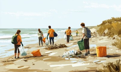 A group of volunteers cleans up litter on a beach, promoting environmental awareness and community involvement in preserving nature.
