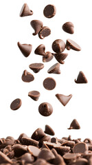 Falling Chocolate Chips isolated on white background, full depth of field, transparent png background
