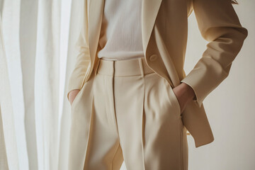 elegant woman dressed in a tailored beige suit with hands in pockets standing near soft flowing curtains in a minimalist modern setting  
