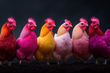 Fototapeta premium farmyard chickens, colorful hens pecking the ground for treats, their vibrant plumage shining in the sunlight