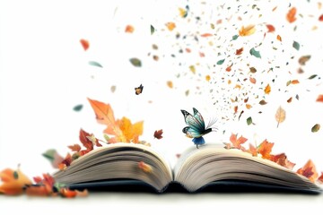 Open book, butterflies, autumn leaves, magical scene.
