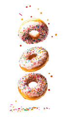 A whimsical 3D rendering of cascading rainbow sprinkles on falling donut holes against a bright white background.