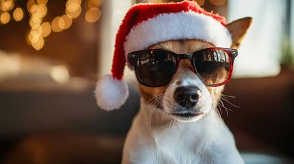 Cool Santa Dog Wearing Sunglasses & Santa Hat