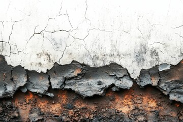 Naklejka premium Cracked white surface, layered dark, rust-colored base.