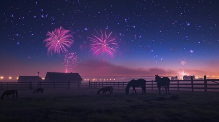 Horses Grazing Under a Starry Sky with Fireworks