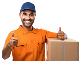 PNG Delivery man pointing box cardboard portrait.
