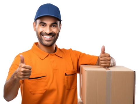 PNG Delivery man pointing box cardboard portrait.