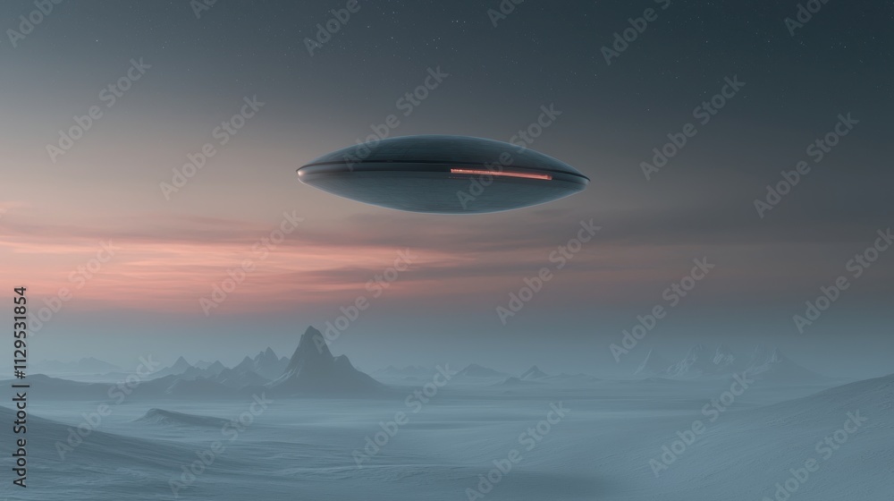 Poster futuristic landscape with a large, oval-shaped object in the center. the object appears to be a spac