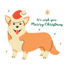 Christmas New Year card banner with funny corgi dog in Santa Claus hat