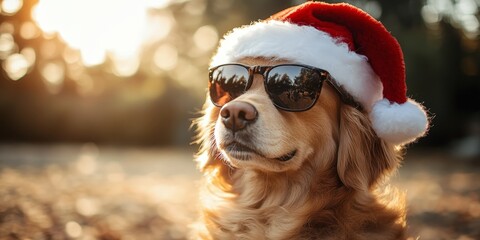 Cool Santa Dog Wearing Sunglasses & Santa Hat