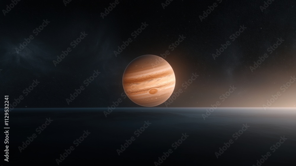 Poster digital illustration of a planet in outer space. the planet is in the center of the image, with a da