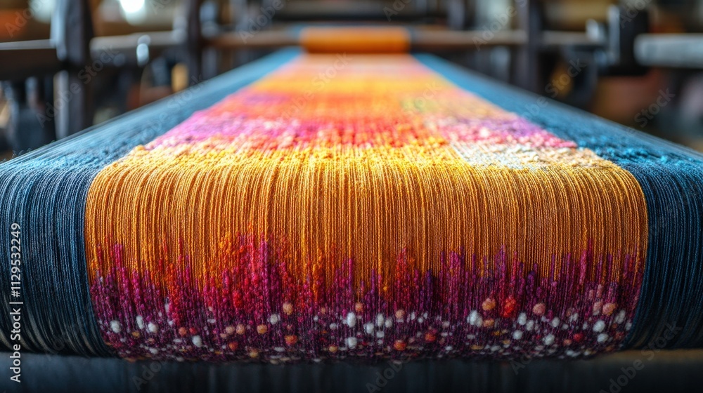 Poster vibrant threads on a loom: close-up of colorful textile weaving in progress showcasing rich textures