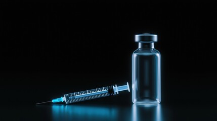 Syringe and a small glass vial on a black background. the syringe is on the left side of the image, with the needle pointing towards the right side.