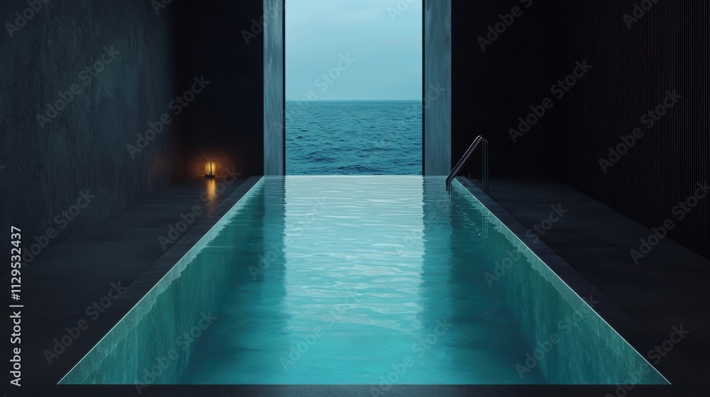 Poster empty swimming pool in a dark room with a view of the ocean. the pool is rectangular in shape and ha